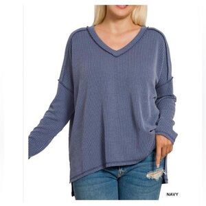 Zenana Ribbed Long Sleeve High-Low Top